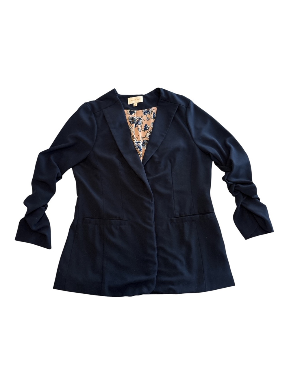 SKIES ARE BLUE NAVY BLAZER W/ CONTRASTING LINING POCKETS 3/4 RUCHED SLEEVES
